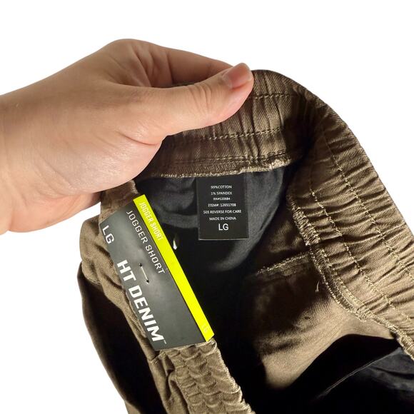 Hot Topic NWT Men's Large HT Denim Brown Jogger Shorts Drawstring Raw Hem - Picture 6 of 12